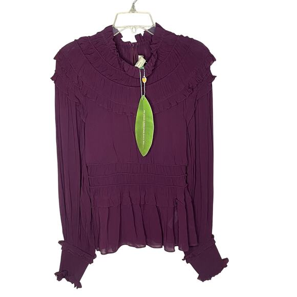 Farm Rio Ruffle High Neck Chiffon Burgundy Blouse XS - Picture 6 of 15